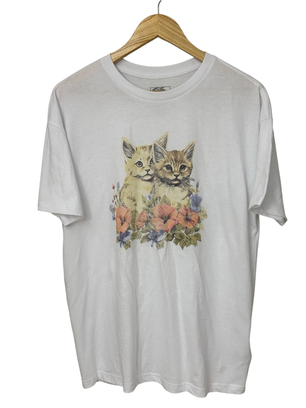 Vans White Tee with Kitten Duo and Floral Print